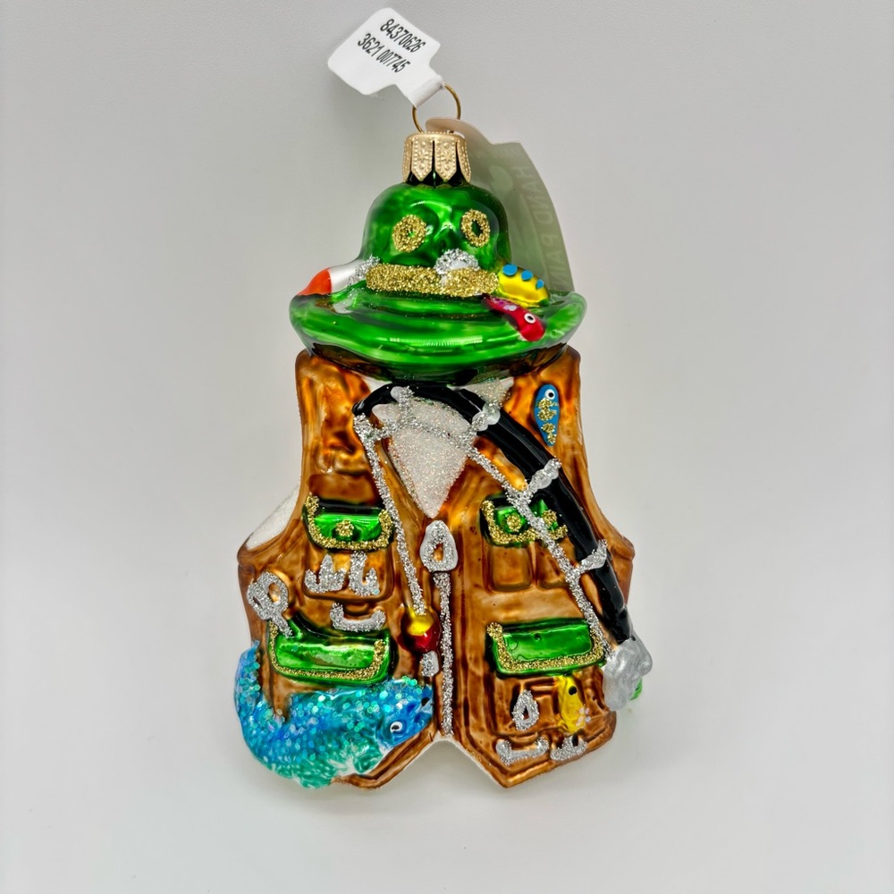 NWT Anthropologie Ornament Fisherman Fishing Vest Hand Blown Glass Ornaments